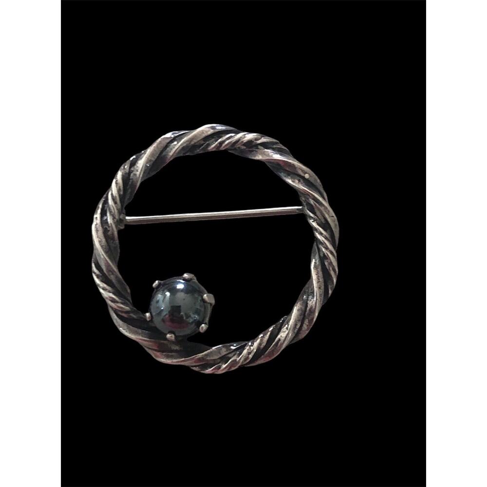 Vtg MCM Sterling Silver Hematite 1" Circle Rope Brooch Pin Bell Trading 925